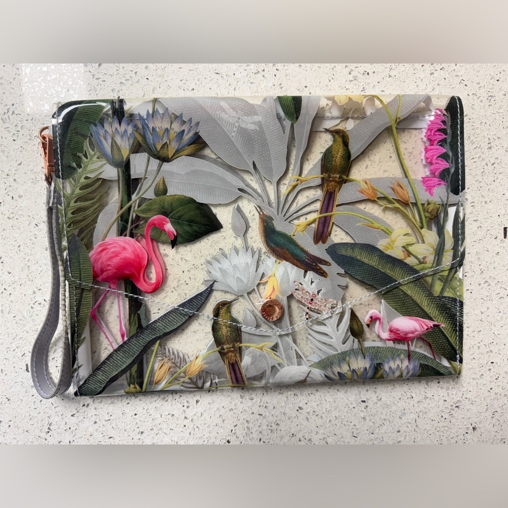 TED BAKER Flamingo Bird Flowers Dragonfly Envelope Clutch Bag Multicolor